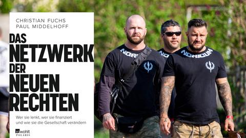Cover: "Christian Fuchs / Paul Middelhof: Das Netzwerk der Neuen Rechten" und vier Männer mit durchtrainierten Körpern, auf deren T-Shirts "Noricum" steht, der Name ihrer Kampfsportgruppe