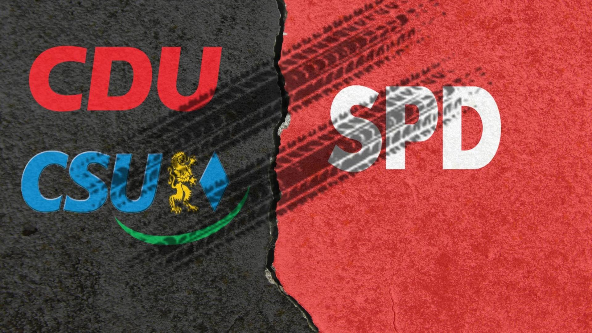 Die Namen der Parteien CDU und CSU auf schwarzem Hintergrund stehen neben dem Namen SPD auf rotem Hintergrund, darüber sind Bremsspuren zu sehen.