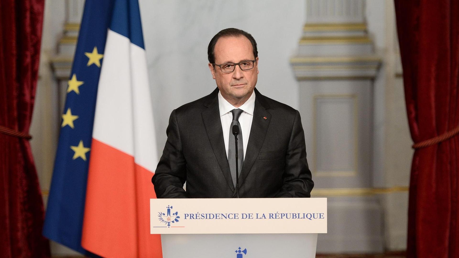 François Hollande an einem Rednerpult, im Hintergrund die französische und die EU-Flagge.