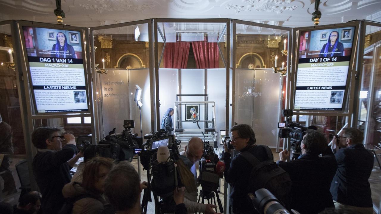 Die Presse steht mit Abstand vor der Makro-Röntgenfluoreszenzabtastung (MA-XRF) im Goldenen Saal des Mauritshuis 2008. Die Presse steht mit Abstand vor der Makro-Röntgenfluoreszenzabtastung (MA-XRF) im Goldenen Saal des Mauritshuis 2008.