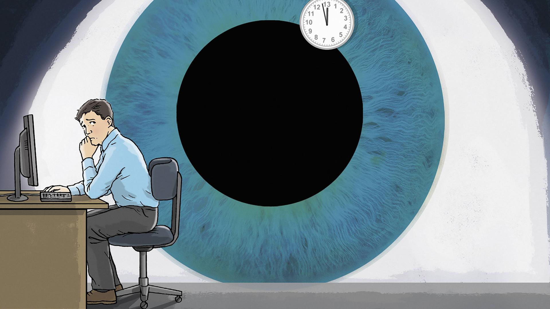 Ein großes Auge überwacht einen Mann am Schreibtisch. Ein großes Auge überwacht einen Mann am Schreibtisch.