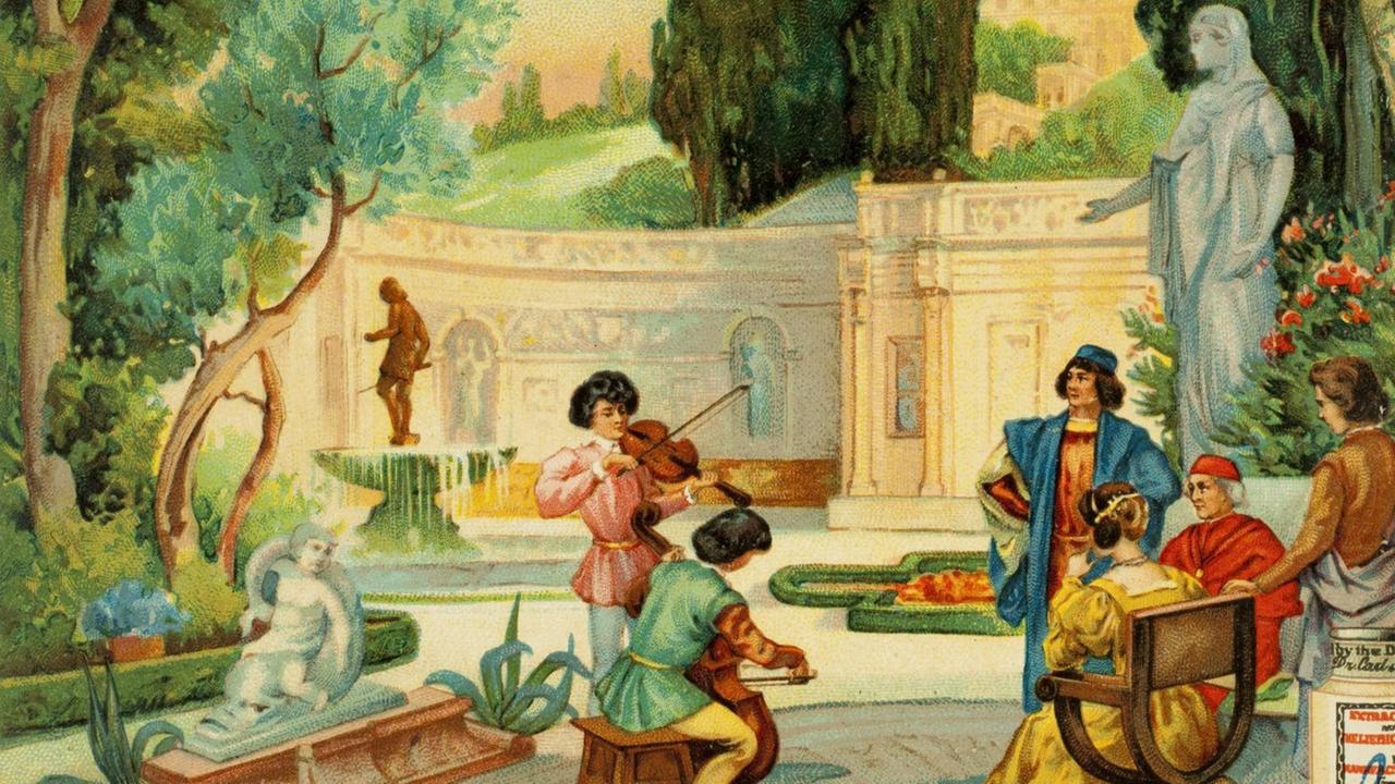 Die Farblithografie "Gartenanlagen. Italienischer Garten - 1500", ein Sammelbildchen der Compagnie Liebig's Fleisch-Extract von 1906. Die Farblithografie "Gartenanlagen. Italienischer Garten - 1500", ein Sammelbildchen der Compagnie Liebig's Fleisch-Extract von 1906.