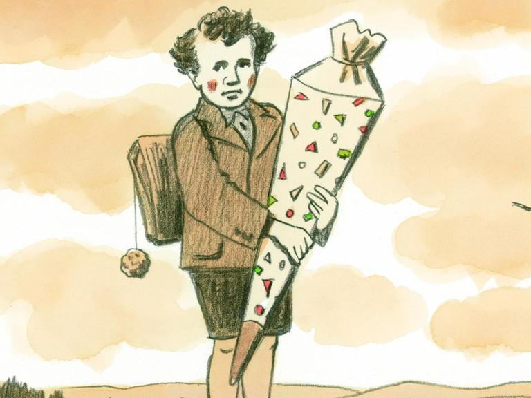 Zeichnung eines kleinen Jungens mit Schulranzen und Schultüte