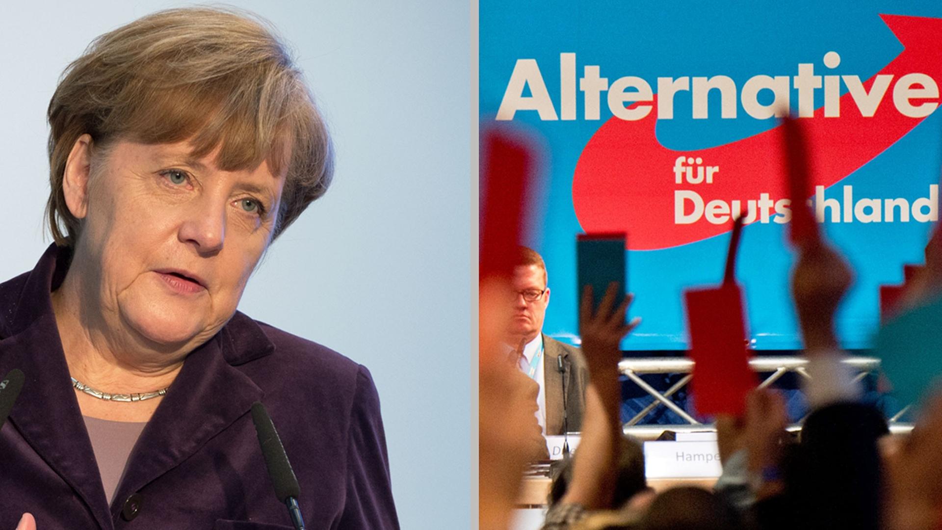 Fotomontage: Bundeskanzlerin Angela Merkel und Bundesparteitag der AfD Fotomontage: Bundeskanzlerin Angela Merkel und Bundesparteitag der AfD