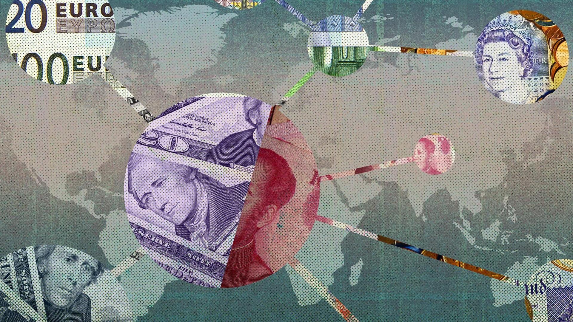 Netzwerk verschiedener Währungen verbunden auf einer Weltkarte. Netzwerk verschiedener Währungen verbunden auf einer Weltkarte.