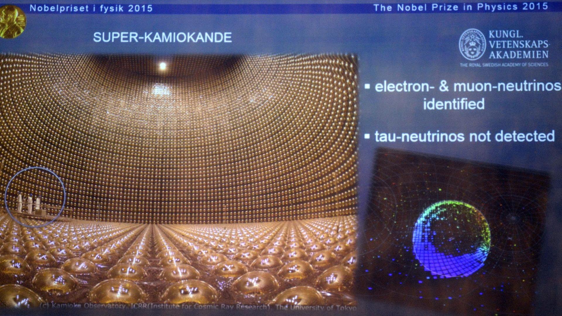 Ein Bild des Detektors Superkamiokande und eine Illustration, die das Forschungsgebiet von Nobelpreisträger Takaaki Kajita beschreibt. Ein Bild des Detektors Superkamiokande und eine Illustration, die das Forschungsgebiet von Nobelpreisträger Takaaki Kajita beschreibt.