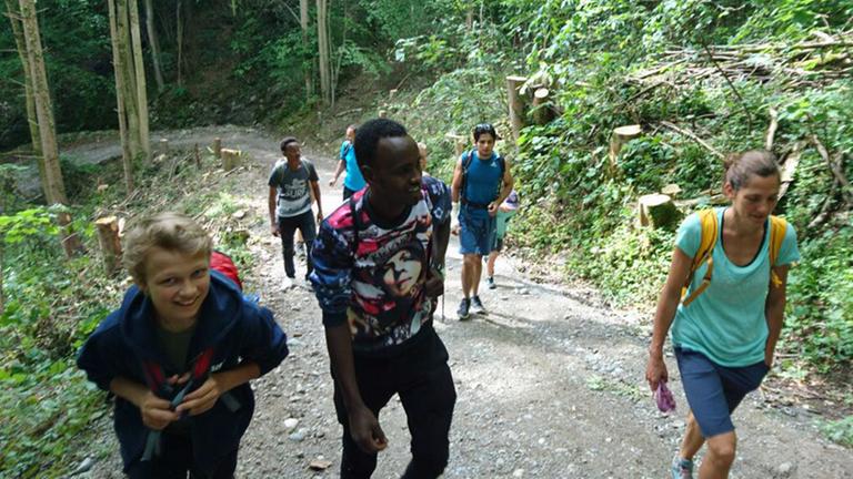 Wandergruppe des Projektes "Alpen.Leben.Menschen" bei einer Tour durch den Wald. Wandergruppe des Projektes "Alpen.Leben.Menschen" bei einer Tour durch den Wald.