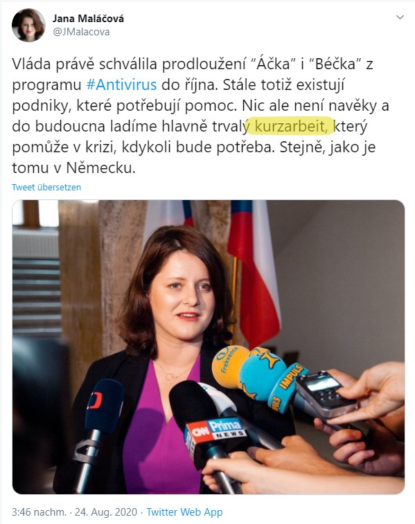 Im tschechischen Tweet gibt die Ministerin bekannt, dass weiter "kurzarbeit" möglich ist
