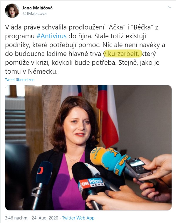 Im tschechischen Tweet gibt die Ministerin bekannt, dass weiter "kurzarbeit" möglich ist Im tschechischen Tweet gibt die Ministerin bekannt, dass weiter "kurzarbeit" möglich ist
