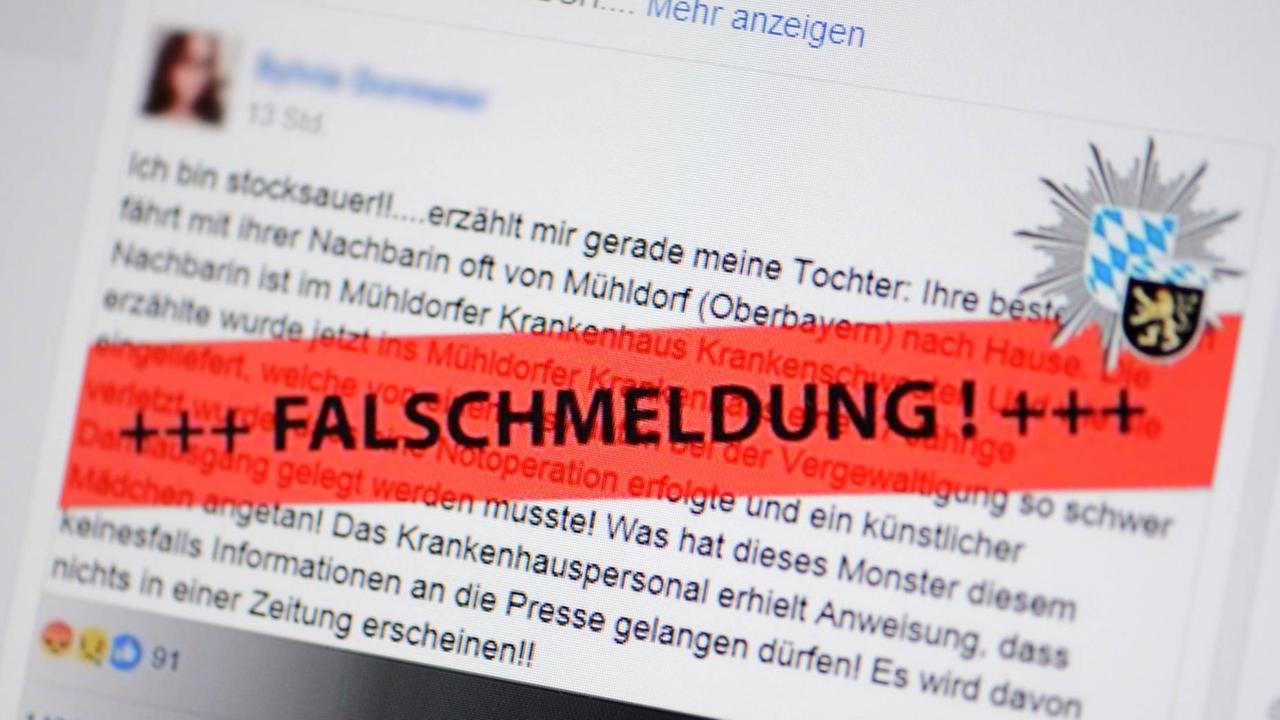 Von der Polizei Oberbayern Süd identifizierte und rot markierte Falschmeldung auf Facebook Von der Polizei Oberbayern Süd identifizierte und rot markierte Falschmeldung auf Facebook