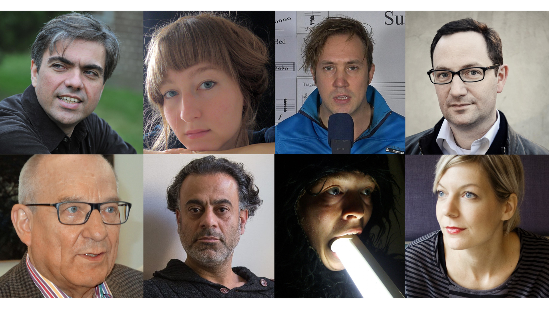 Collage aus acht Porträtfotos von Komponistinnen und Komponisten unserer Zeit Collage aus acht Porträtfotos von Komponistinnen und Komponisten unserer Zeit