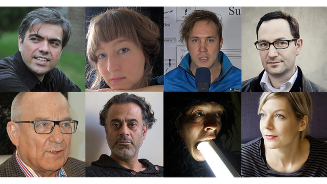 Collage aus acht Porträtfotos von Komponistinnen und Komponisten unserer Zeit