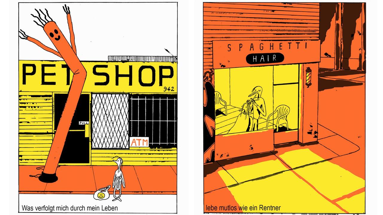 Zwei Seiten aus "The Artist", komplett in Weiß, Gelb, Orange und Schwarz gehalten Zwei Seiten aus "The Artist", komplett in Weiß, Gelb, Orange und Schwarz gehalten