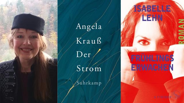 Zu sehen ist die Autorin Angela Krauß und ihr Roman "Der Strom"; rechts daneben die Autorin Isabelle Lehn auf dem Cover ihres Romans "Frühlingserwachen".