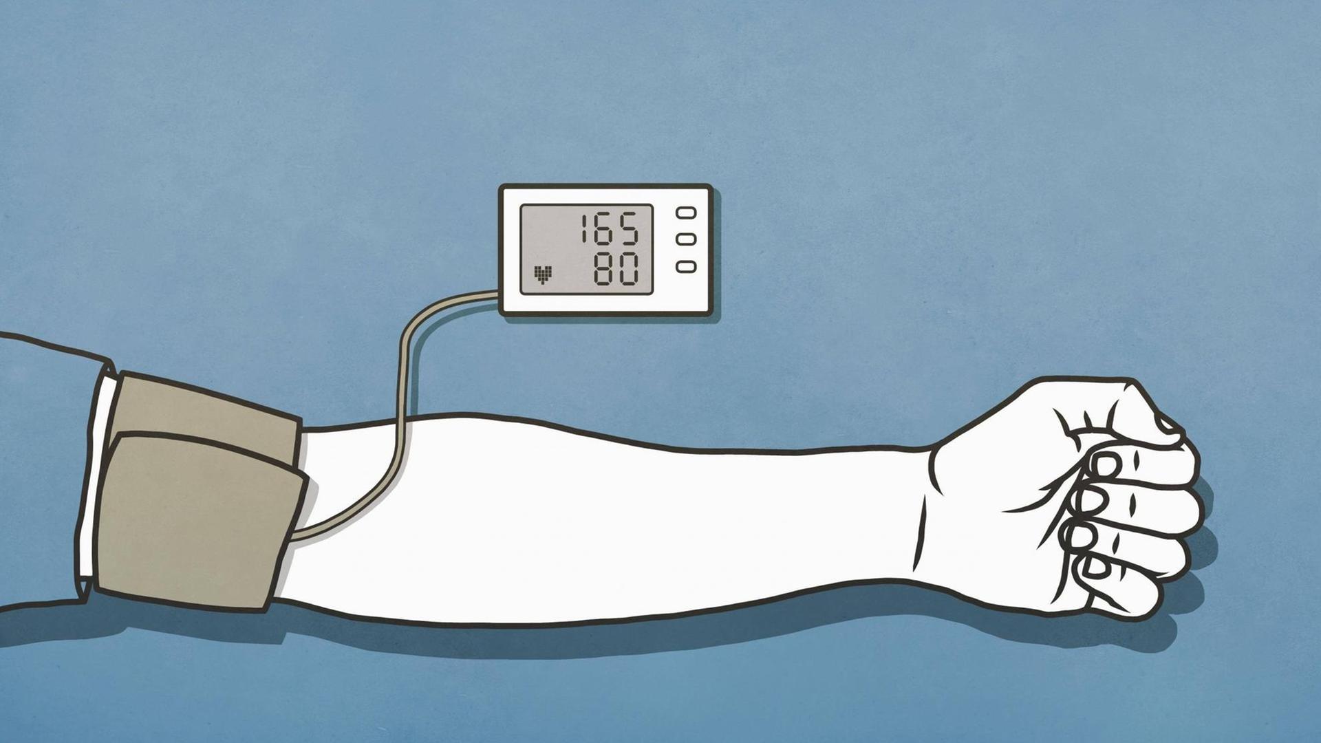 Eine Illustration zeigt einen Arm mit einer Manschette zum Blutdruckmessen an die ein kleiner Monitor angeschlossen ist. Eine Illustration zeigt einen Arm mit einer Manschette zum Blutdruckmessen an die ein kleiner Monitor angeschlossen ist.
