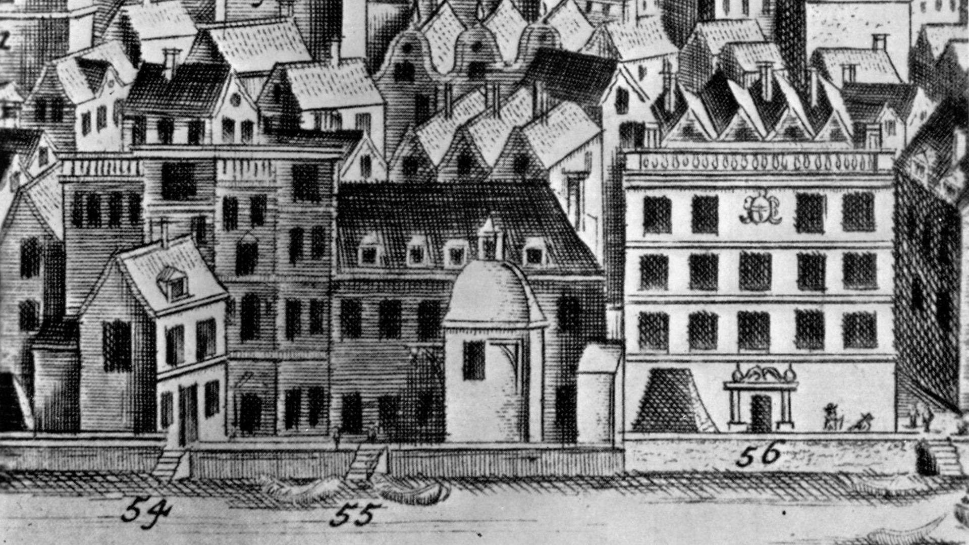 Der Stahlhof, die Handelsniederlassung der Hanse in der Thames Street in London, Ausschnitt eines historischen Kupferstiches aus dem 17. Jahrhundert, auf dem Bild markiert als Gebäudekomplex Nr. 55 Der Stahlhof, die Handelsniederlassung der Hanse in der Thames Street in London, Ausschnitt eines historischen Kupferstiches aus dem 17. Jahrhundert, auf dem Bild markiert als Gebäudekomplex Nr. 55