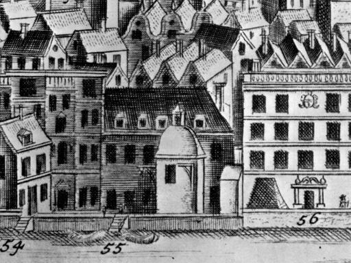 Der Stahlhof, die Handelsniederlassung der Hanse in der Thames Street in London, Ausschnitt eines historischen Kupferstiches aus dem 17. Jahrhundert, auf dem Bild markiert als Gebäudekomplex Nr. 55