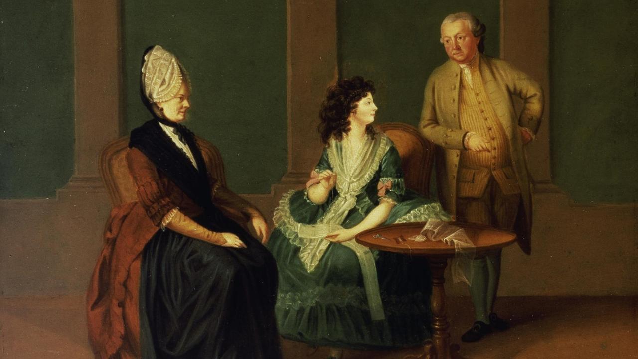 Gemälde von Maximiliane von La Roche mit ihren Eltern Sophie von La Roche geb.Gutermann (l.) und Georg Michael A.F.M. von La Roche (r.).