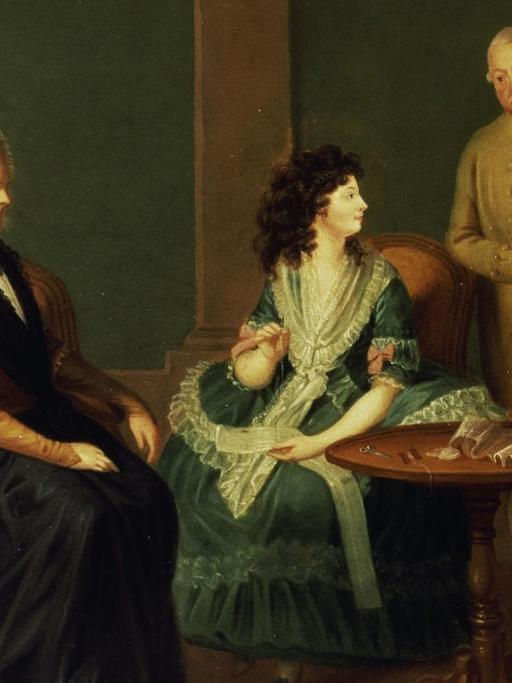 Gemälde von Maximiliane von La Roche mit ihren Eltern Sophie von La Roche geb.Gutermann (l.) und Georg Michael A.F.M. von La Roche (r.).