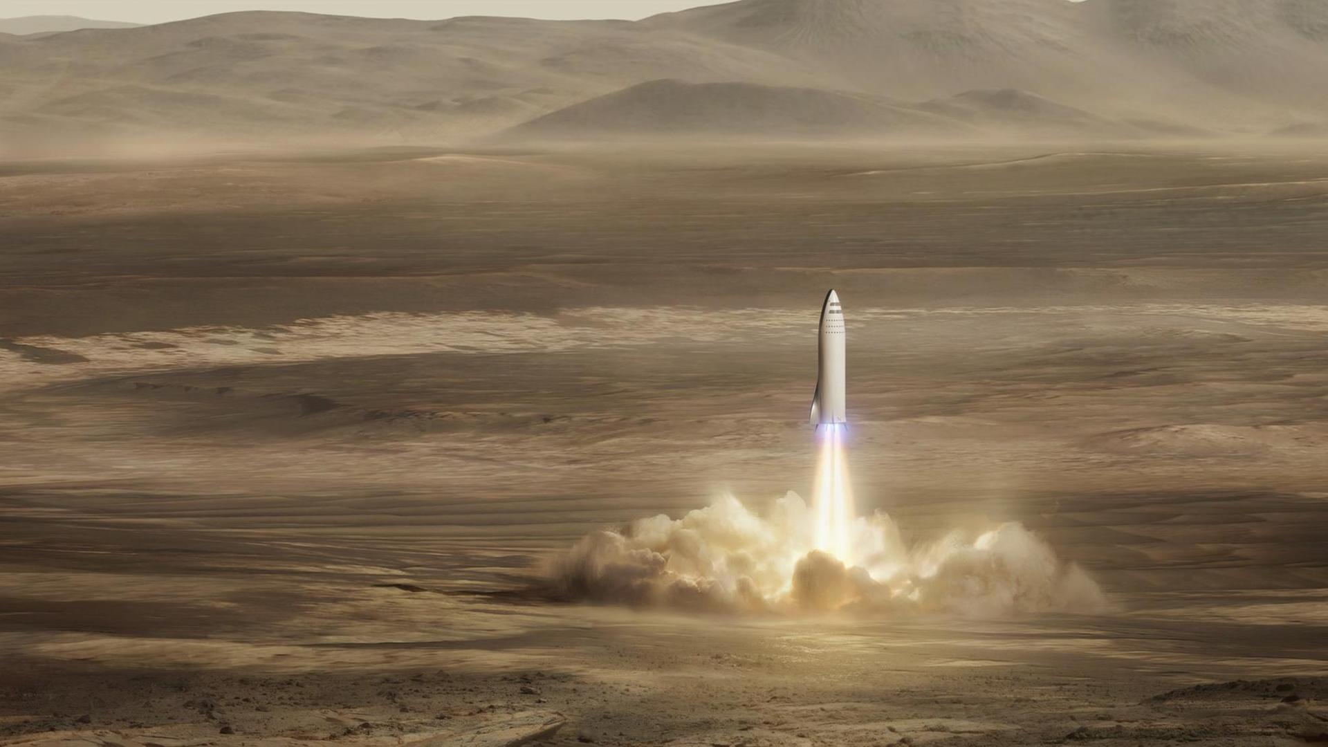 Diese Simulation von Elon Musks Firma SpaceX zeigt eine Rakete beim Start auf dem Mars.