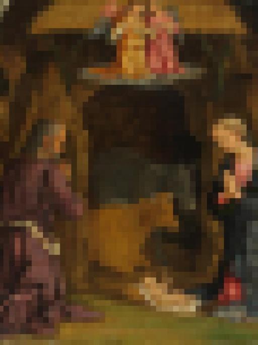 Ein Gemälde von Antonio di Benedetto Aquilio in der Sixtinischen Kapelle. Das Gemälde ist verpixelt dargestellt. Man erkennt schemenhaft zwei Personen in einer Landschaft.