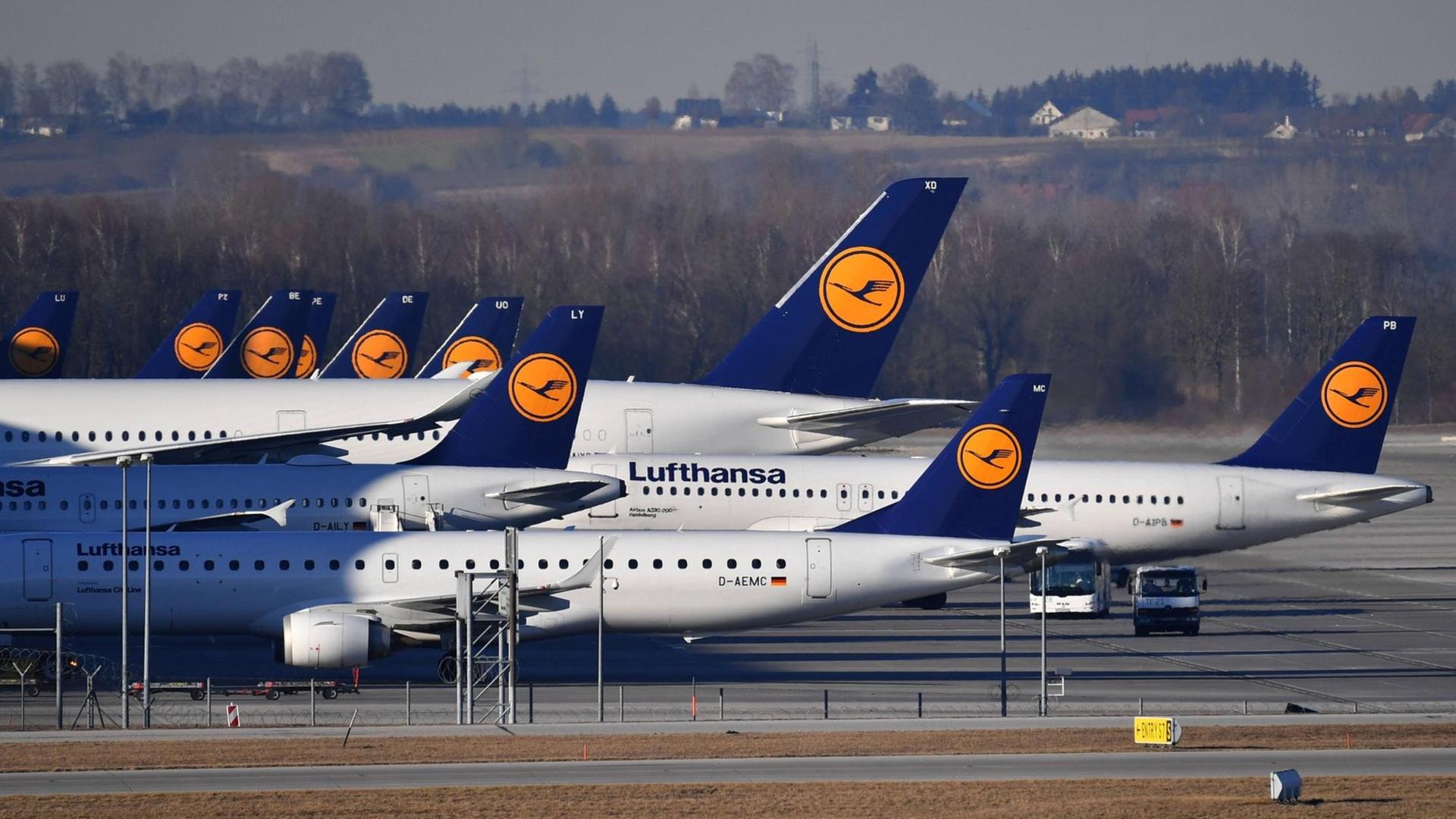 Flugzeuge mit dem blaugelben Logo der Lufthansa stehen dicht gedrängt hintereinander. Im Hintergrund eine dörfliche Landschaft.