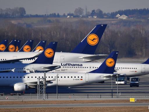 Flugzeuge mit dem blaugelben Logo der Lufthansa stehen dicht gedrängt hintereinander. Im Hintergrund eine dörfliche Landschaft.