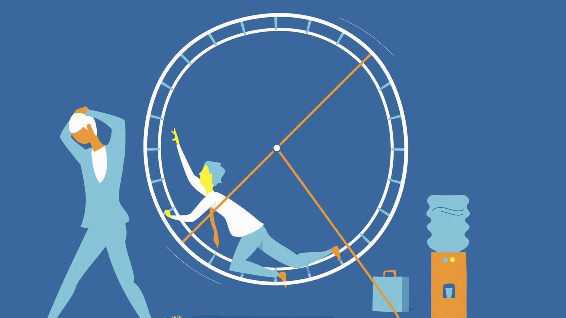 Abstrakte Illustration auf blauem Grund eines Büroangestellten, der sich in einem Hamsterrad abmüht, während eine Kollegin vor Stress die Segel streicht.