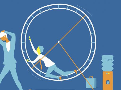 Abstrakte Illustration auf blauem Grund eines Büroangestellten, der sich in einem Hamsterrad abmüht, während eine Kollegin vor Stress die Segel streicht.