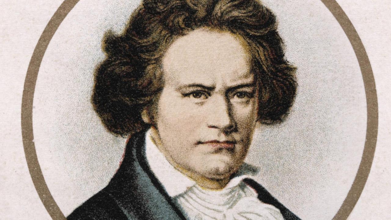 Porträt des Komponisten in einer idealisierten Zeichnung, die ihn mit etwas gelöstem Haar zeigt.