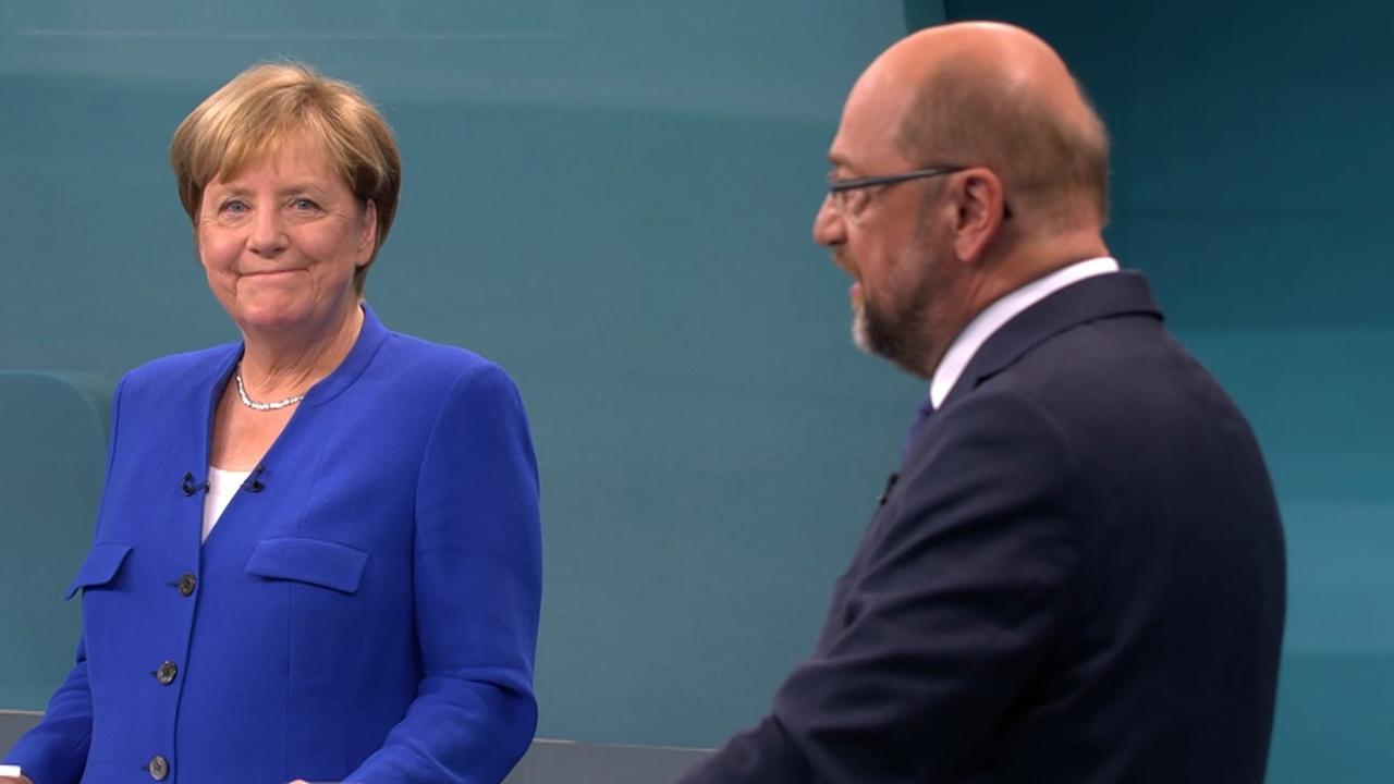 Screenshot des TV-Duells zwischen der Bundeskanzlerin und CDU-Vorsitzenden Angela Merkel und dem SPD-Kanzlerkandidaten Martin Schulz. Screenshot des TV-Duells zwischen der Bundeskanzlerin und CDU-Vorsitzenden Angela Merkel und dem SPD-Kanzlerkandidaten Martin Schulz.