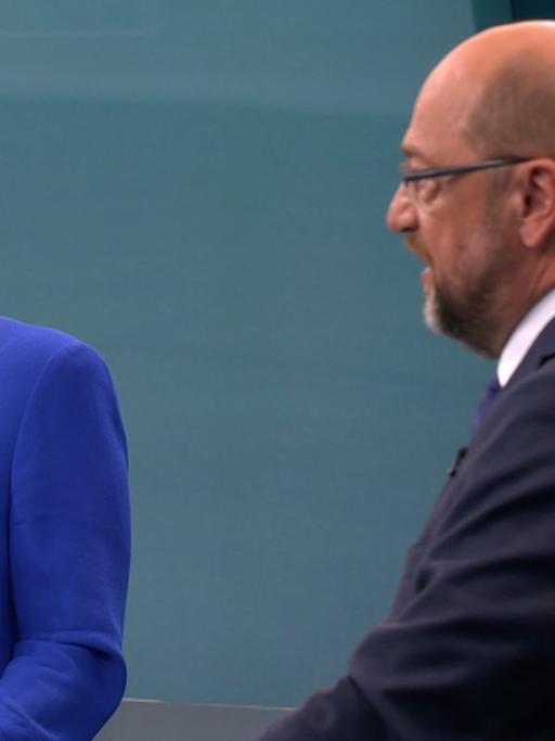 Screenshot des TV-Duells zwischen der Bundeskanzlerin und CDU-Vorsitzenden Angela Merkel und dem SPD-Kanzlerkandidaten Martin Schulz.