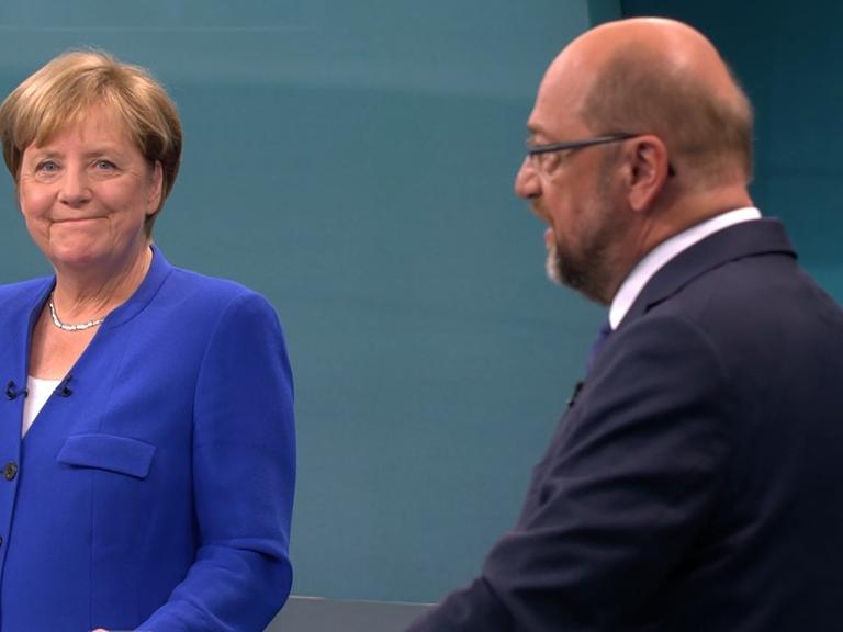 Screenshot des TV-Duells zwischen der Bundeskanzlerin und CDU-Vorsitzenden Angela Merkel und dem SPD-Kanzlerkandidaten Martin Schulz.