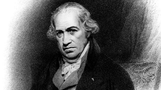 Der britische Ingenieur und Erfinder James Watt (19.01.1736 bis 25. 08.1819) in einer zeitgenössischen Darstellung. Watt hatte die von Newcomens entwickelte atmosphärische Dampfmaschine durch die Einführung des vom Zylinder getrennten Kondensators entscheidend verbessert und damit wesentlich zur industriellen Revolution beigetragen. |