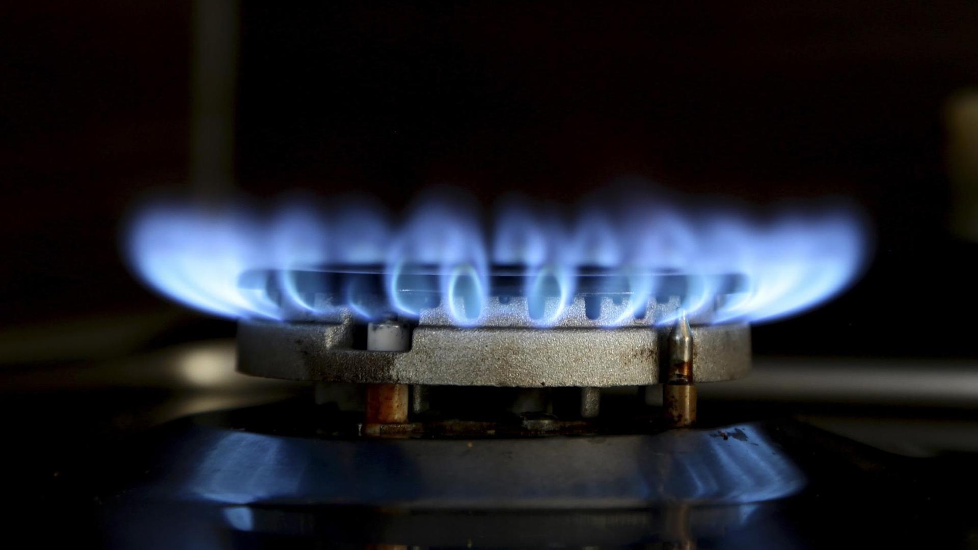 Eine Gasflamme leuchtet blau auf dem Kochfeld eines Gasherdes. Eine Gasflamme leuchtet blau auf dem Kochfeld eines Gasherdes.
