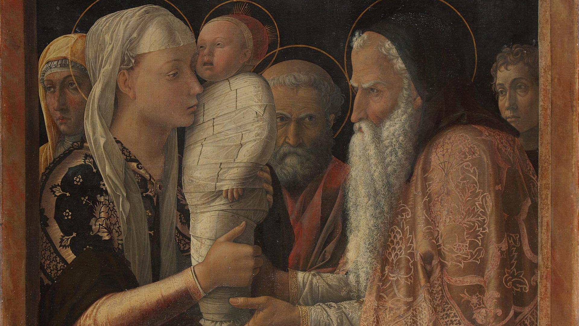 Gemälde der Renaissance: Das in weiße Windeln gewickelte Jesuskind wird von der jungen Maria einem Alten Mann überreicht. Gemälde der Renaissance: Das in weiße Windeln gewickelte Jesuskind wird von der jungen Maria einem Alten Mann überreicht.