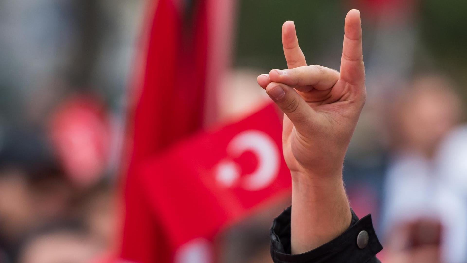 Eine Hand zeigt den "Wolfsgruß" der Grauen Wölfe am 10.04.2016 in München (Bayern) während einer Pro-Türkischen Demonstration in der Innenstadt teil. Graue Wölfe ist die Bezeichnung für Mitglieder der rechtsextremen türkischen Partei der Nationalistischen Bewegung (Milliyetci Hareket Partisi, MHP). Eine Hand zeigt den "Wolfsgruß" der Grauen Wölfe am 10.04.2016 in München (Bayern) während einer Pro-Türkischen Demonstration in der Innenstadt teil. Graue Wölfe ist die Bezeichnung für Mitglieder der rechtsextremen türkischen Partei der Nationalistischen Bewegung (Milliyetci Hareket Partisi, MHP).