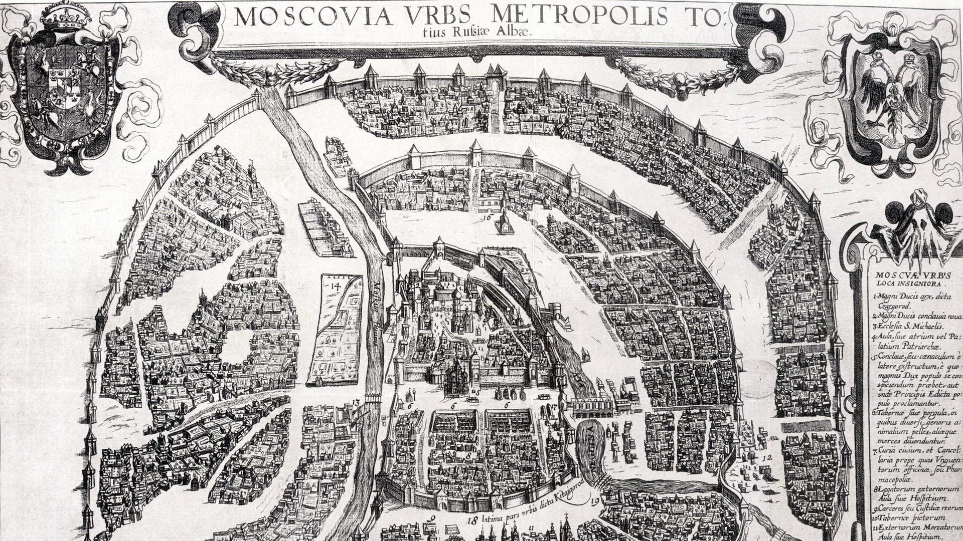 Karte von Moskau in Georg Brauns Stadtansichtenbuch "Civitates Orbis Terrarum" - es zeigt die Metropole etwa zwei Jahre bevor die Tataren sie 1571 niederbrannten Karte von Moskau in Georg Brauns Stadtansichtenbuch "Civitates Orbis Terrarum" - es zeigt die Metropole etwa zwei Jahre bevor die Tataren sie 1571 niederbrannten