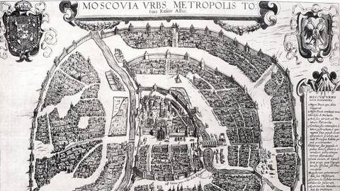 Karte von Moskau in Georg Brauns Stadtansichtenbuch "Civitates Orbis Terrarum" - es zeigt die Metropole etwa zwei Jahre bevor die Tataren sie 1571 niederbrannten