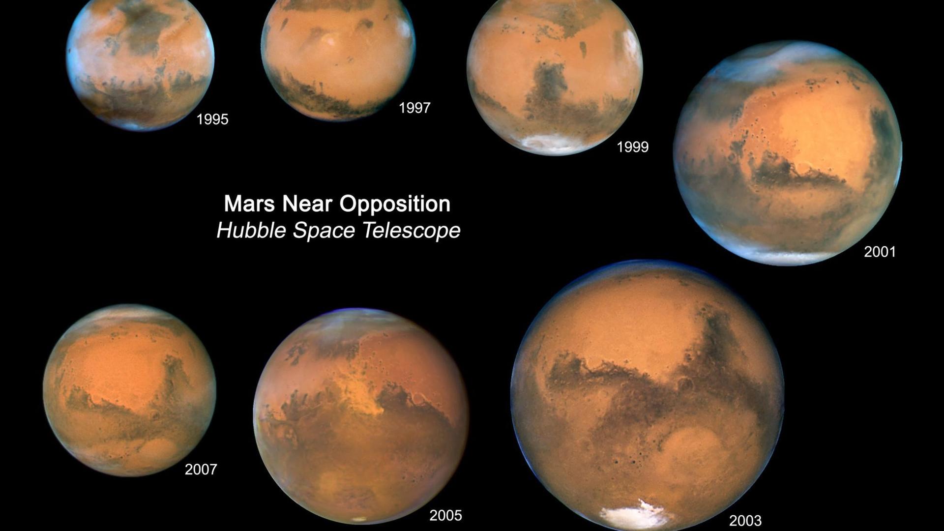 Die Oppositionsstellungen des Mars finden zu unterschiedlichen Jahreszeiten statt und präsentieren daher mal die Nordhalbkugel des Planeten (Mars-Sommer im Norden, 1997), ein paar Jahre später die Südhalbkugel (Mars-Winter im Norden, 2003) (NASA)