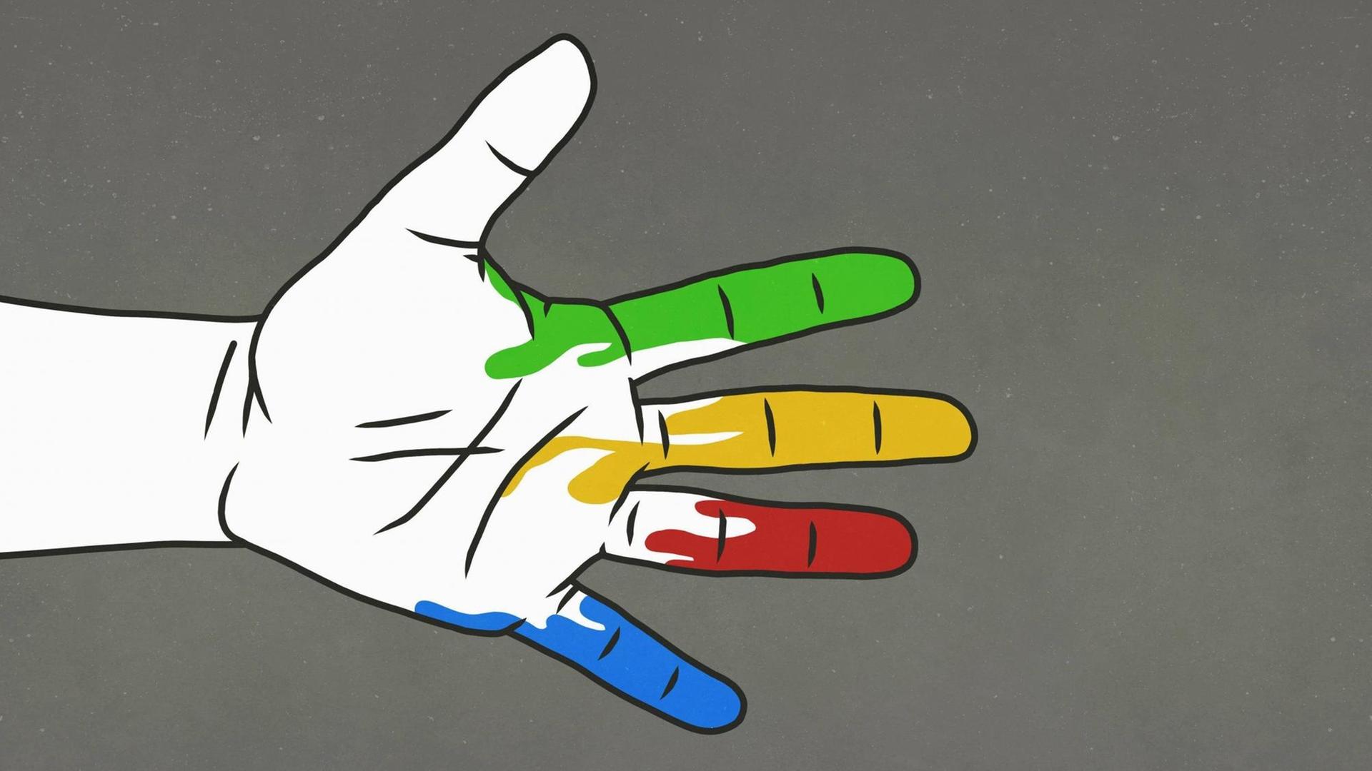 Eine Hand mit grüner, gelber, roter und blauer Farbe an den Fingern. Eine Hand mit grüner, gelber, roter und blauer Farbe an den Fingern.