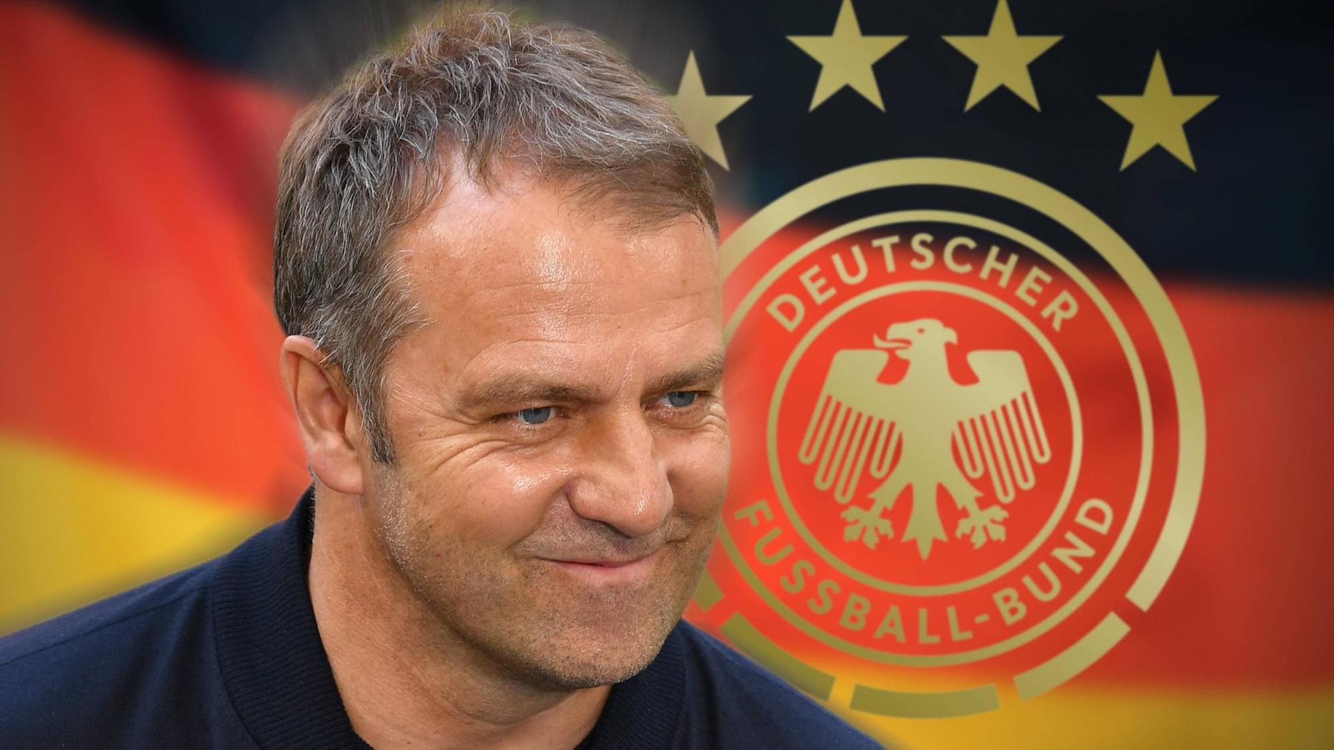 Hansi Flick neben dem Logo des Deutschen Fußballbundes. Hansi Flick neben dem Logo des Deutschen Fußballbundes.