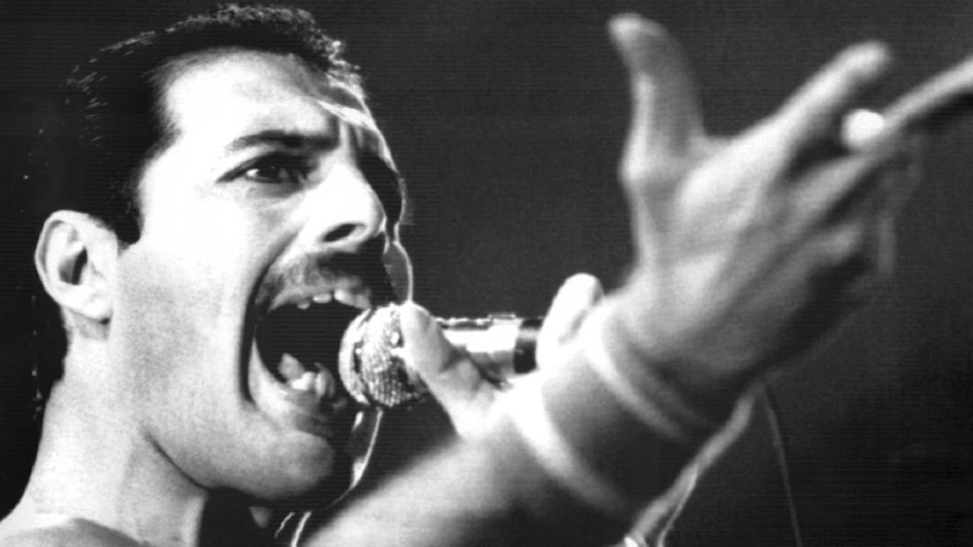 Der Leadsänger der britischen Rockgruppe "Queen", Freddie Mercury, bei einem Auftritt im September 1984. Der Leadsänger der britischen Rockgruppe "Queen", Freddie Mercury, bei einem Auftritt im September 1984.