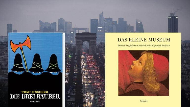 Zwei Bücher vor der Pariser Skyline