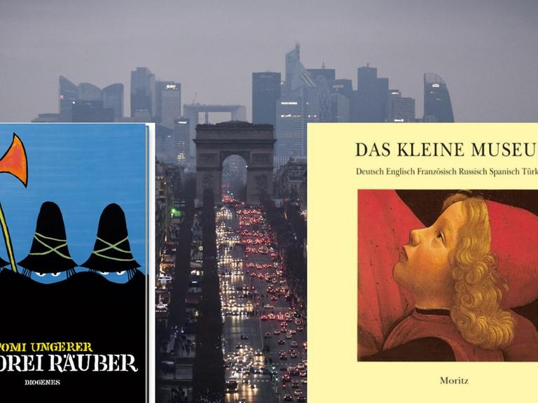 Zwei Bücher vor der Pariser Skyline