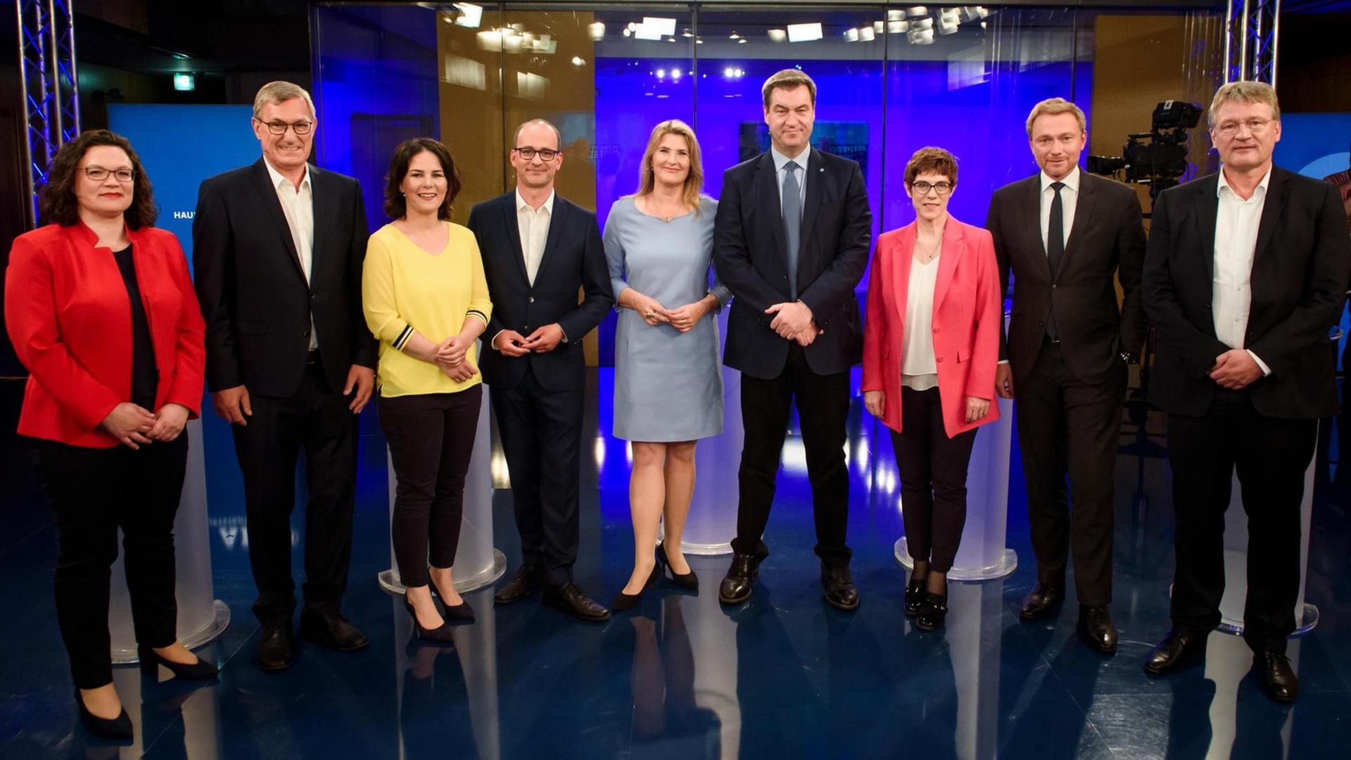 In einer Diskussionssendung im Ersten zur Europawahl trafen die Vorsitzenden der Bundestagsparteien aufeinander: In einer Diskussionssendung im Ersten zur Europawahl trafen die Vorsitzenden der Bundestagsparteien aufeinander: