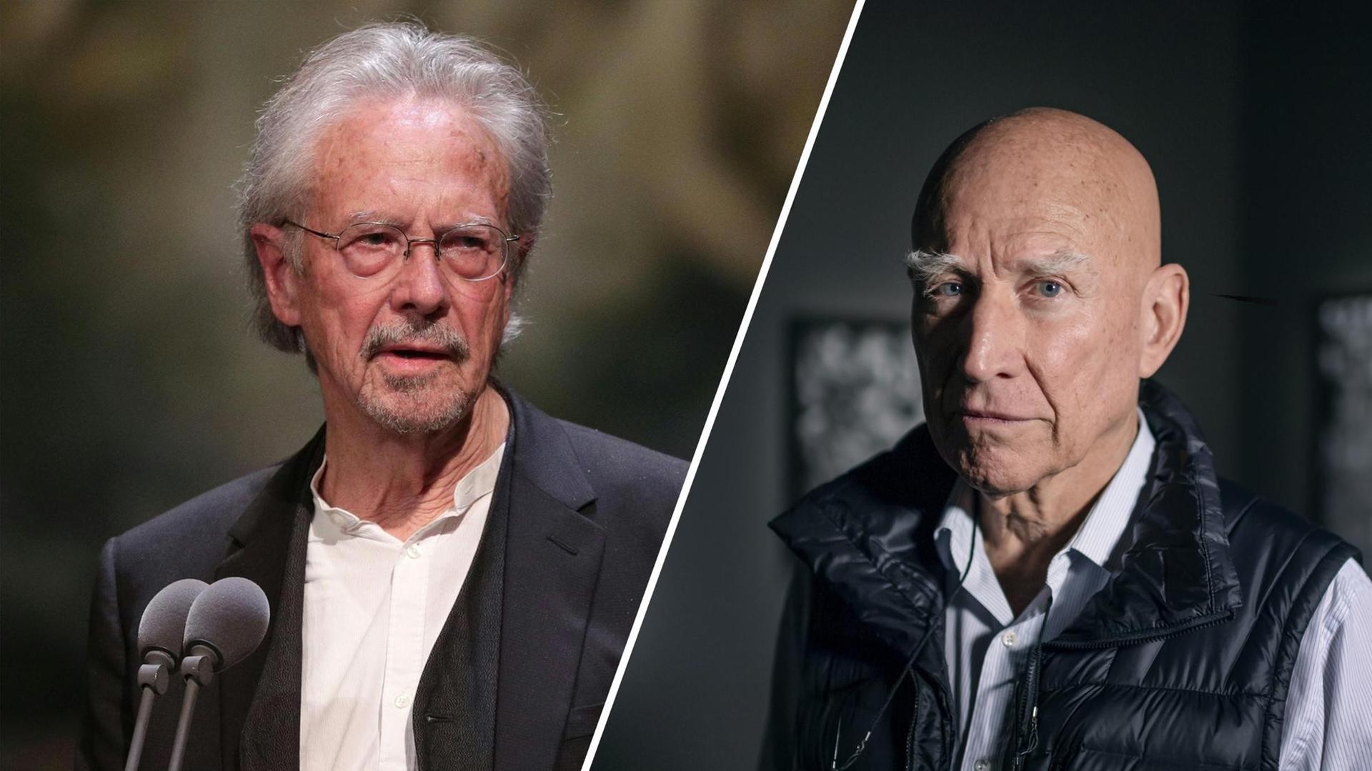Collage zweier Porträts von Peter Handke und Sebastião Salgado. Collage zweier Porträts von Peter Handke und Sebastião Salgado.