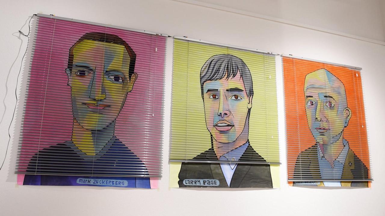 Drei Bilder des Pop-Art-Künstlers Jim Avignon. Sie zeigen: Facebook-Gründer Mark Zuckerberg, Google-Gründer Larry Page und Amazon-Gründer Jeff Bezos. Drei Bilder des Pop-Art-Künstlers Jim Avignon. Sie zeigen: Facebook-Gründer Mark Zuckerberg, Google-Gründer Larry Page und Amazon-Gründer Jeff Bezos.