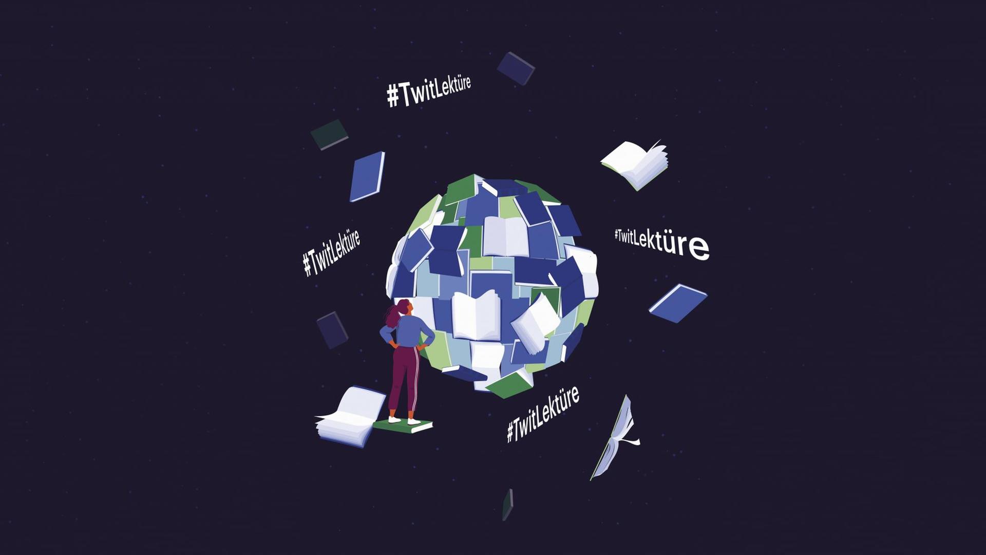 Eine Frau betrachtet eine Welt aus Büchern. Bücher fliegen umher, dazwischen Hashtags. Eine Frau betrachtet eine Welt aus Büchern. Bücher fliegen umher, dazwischen Hashtags.