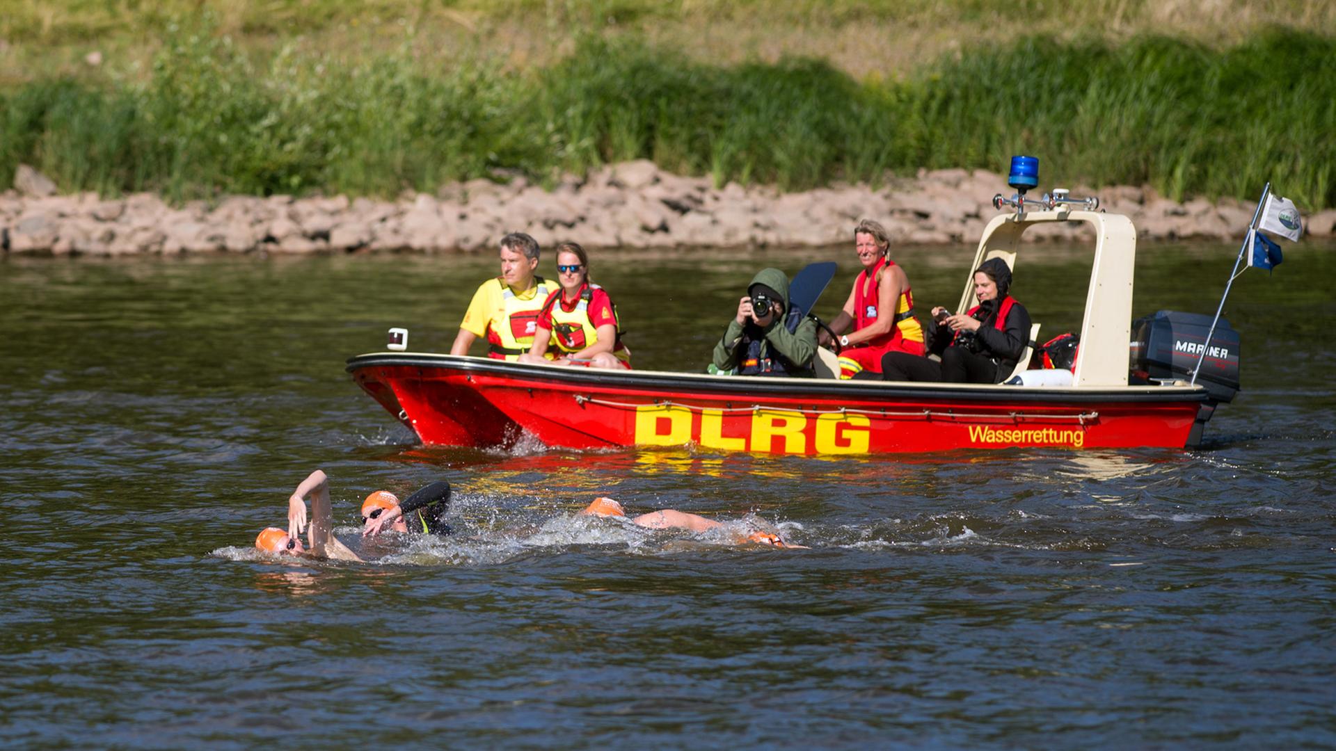 Eine Gruppe Schwimmer des SC Magdeburg schwimmt am 04.07.2017 in Magdeburg durch die Elbe und wird von einem Boot der Deutschen Lebensrettungsgesellschaft begleitet. In Magdeburg endete die 11. Etappe der Elbschwimmstaffel. Die Staffel startete bereits am 24. Juni 2017 in Bad Schandau und ist 575 Kilometer lang.